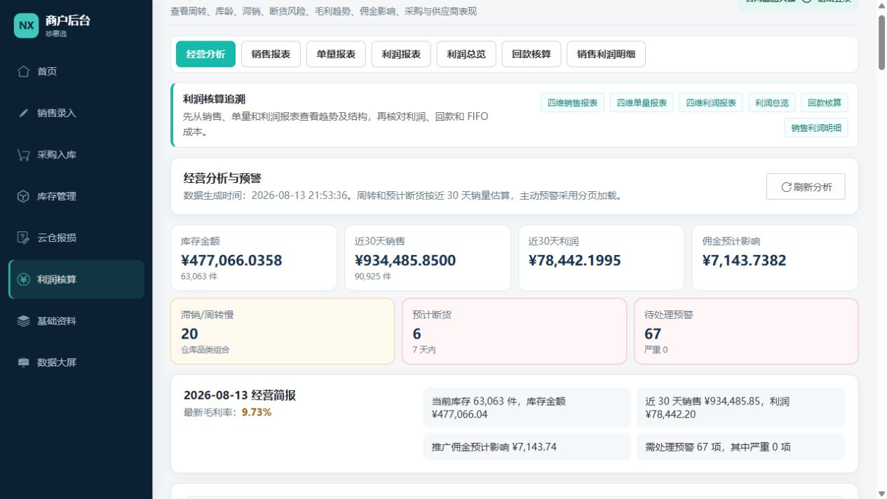 仓储销售系统经营分析与主动预警真实数据界面