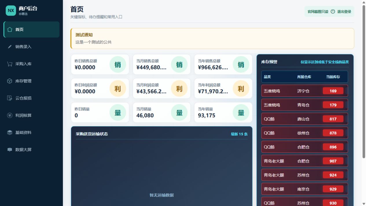 多租户仓储销售系统商户首页真实经营数据界面